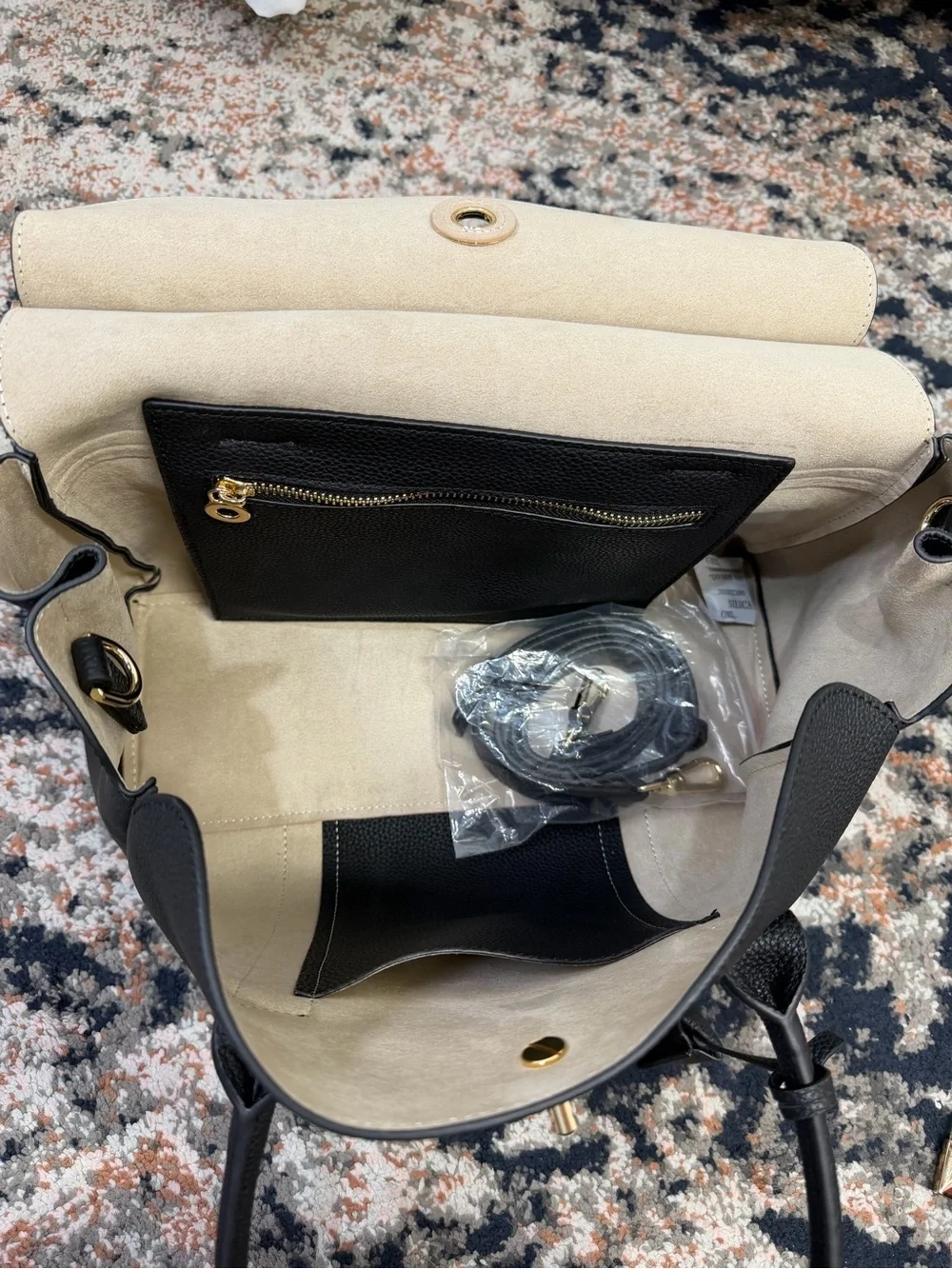 Black Genuine Pebbled Leather Flap Double Handle Satchel With Gold Lock Charm